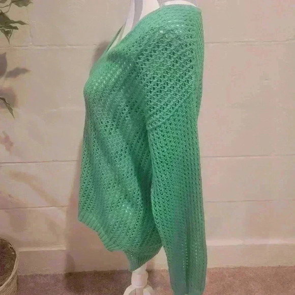 Jeanne Pierre V-Neck Techno Knit Cotton Fishnet Pullover Sweater SIZE SMALL GRN - Picture 4 of 5